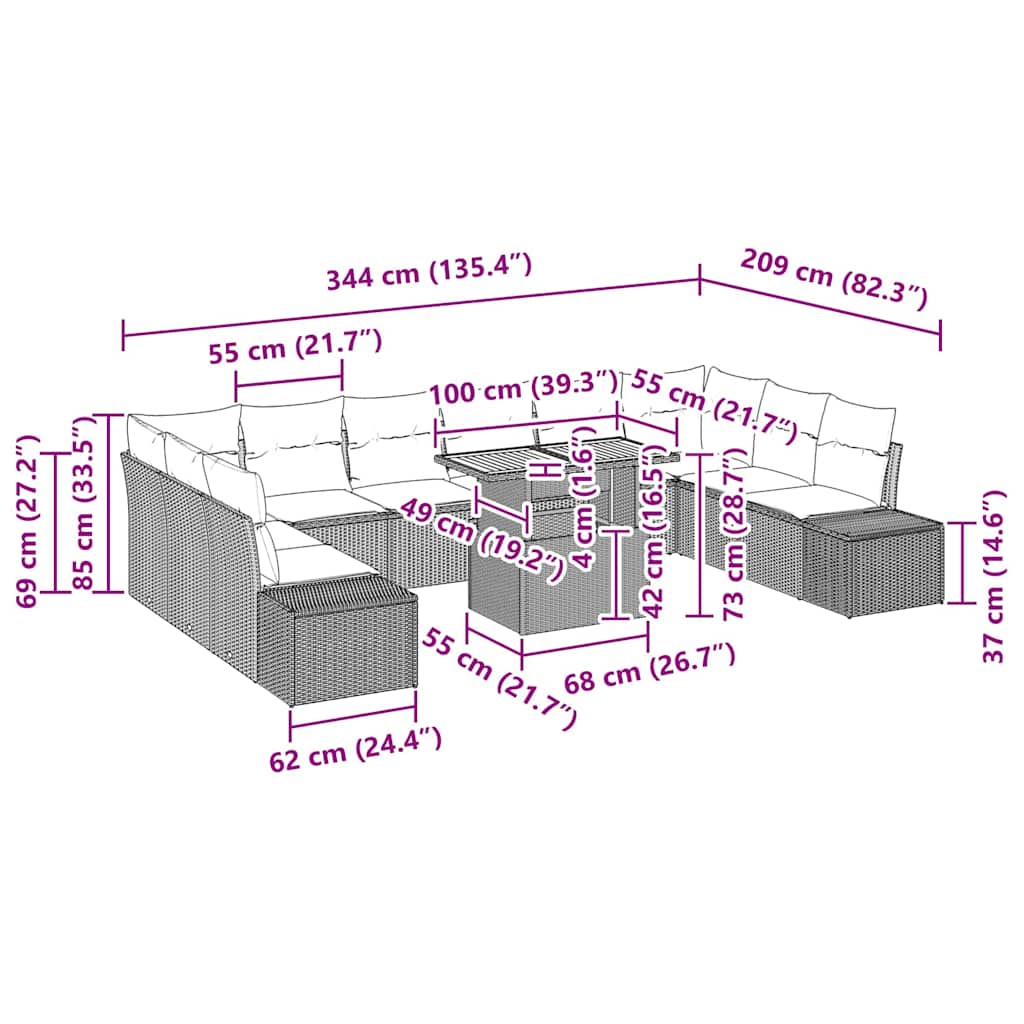 vidaXL 11 Τεμαχίων Σετ Δείπνου Κήπου με Μαξιλάρια Μπεζ Πολυ Ρατάν Ακακία