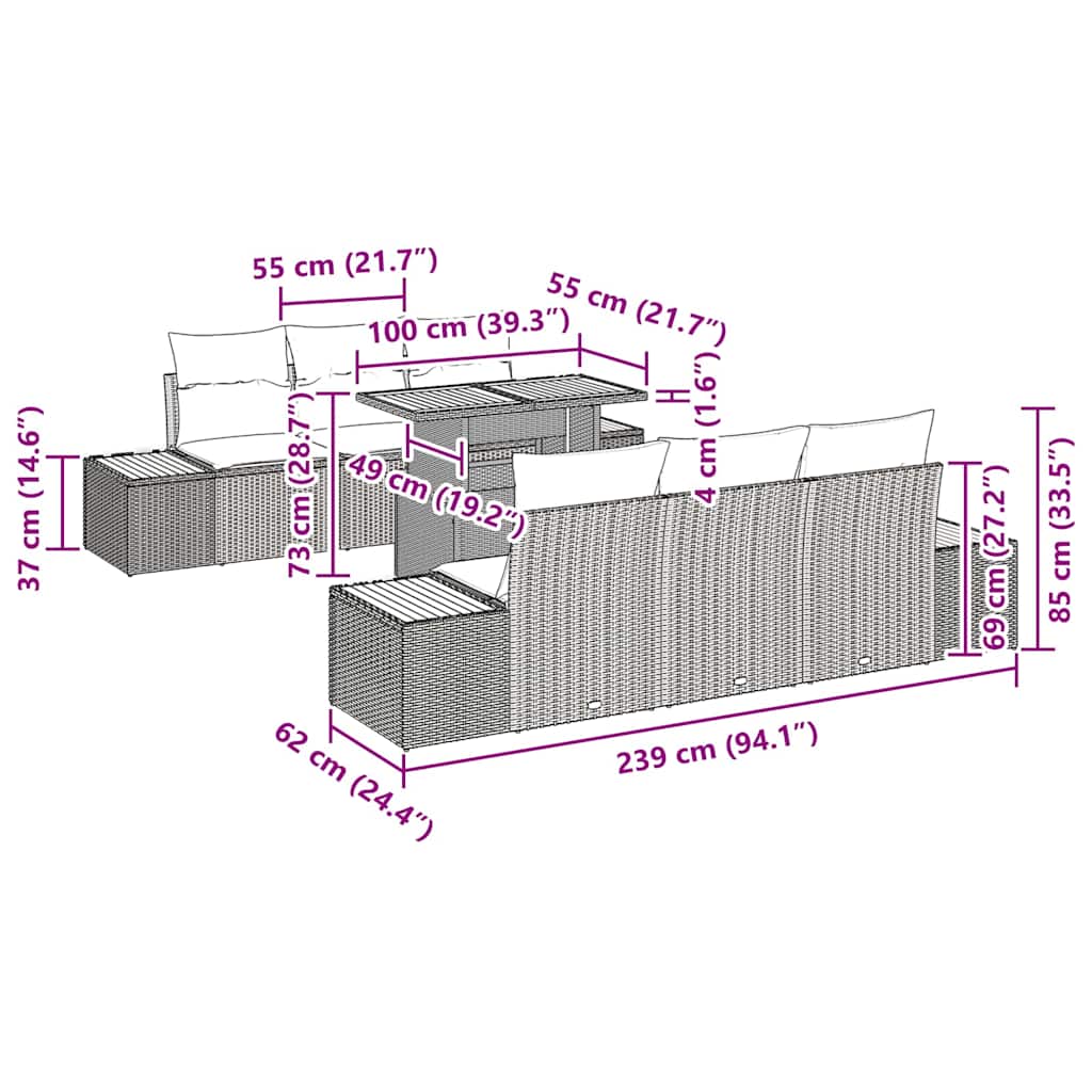 vidaXL Σετ 7 κομματιών τραπεζαρίας με μαξιλάρια γκρι Πολυ Ρατάν