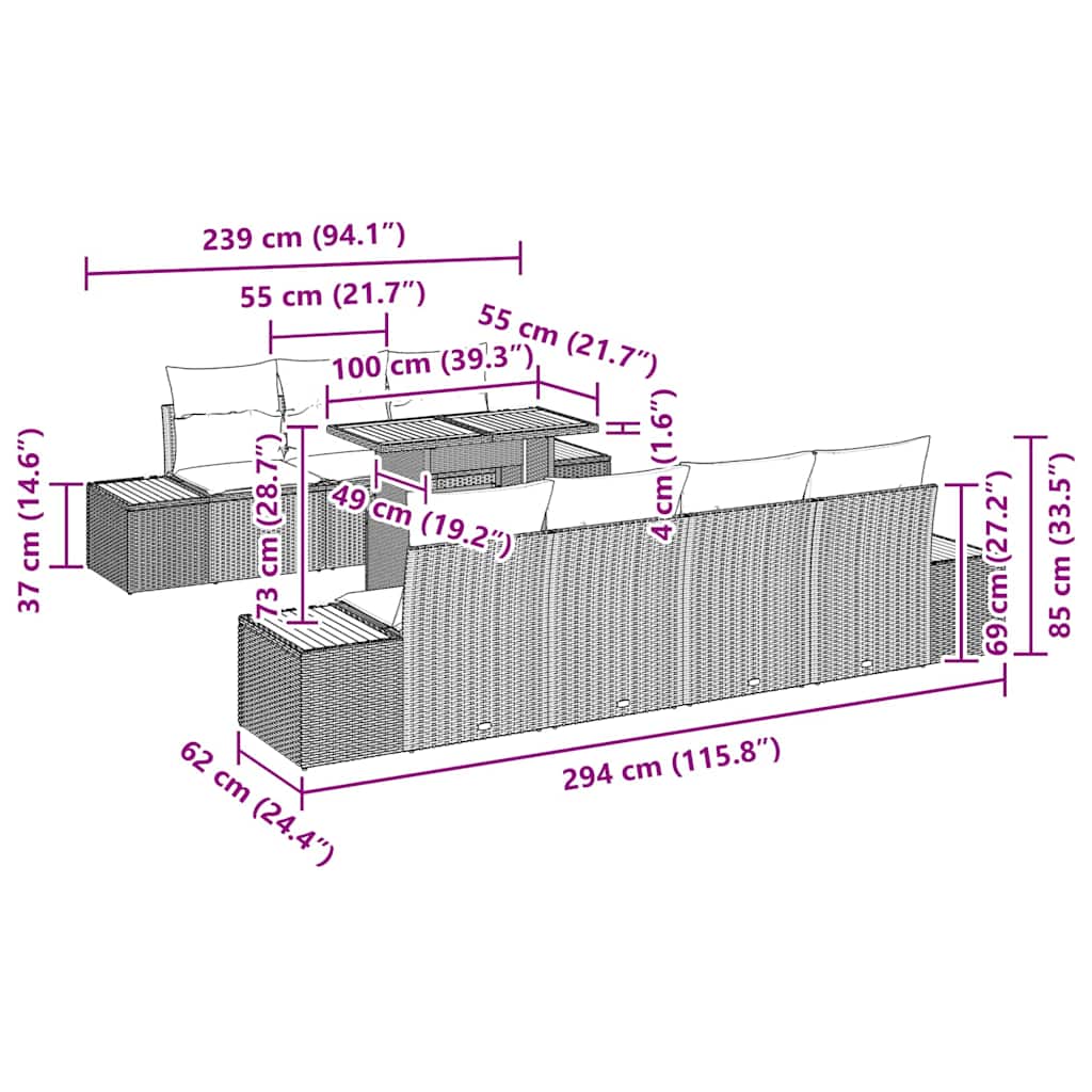 vidaXL Σετ Εξωτερικού Χώρου 8 Τεμαχίων με Μαξιλάρια Γκρι Πολυ Ράτανα Ακακίας