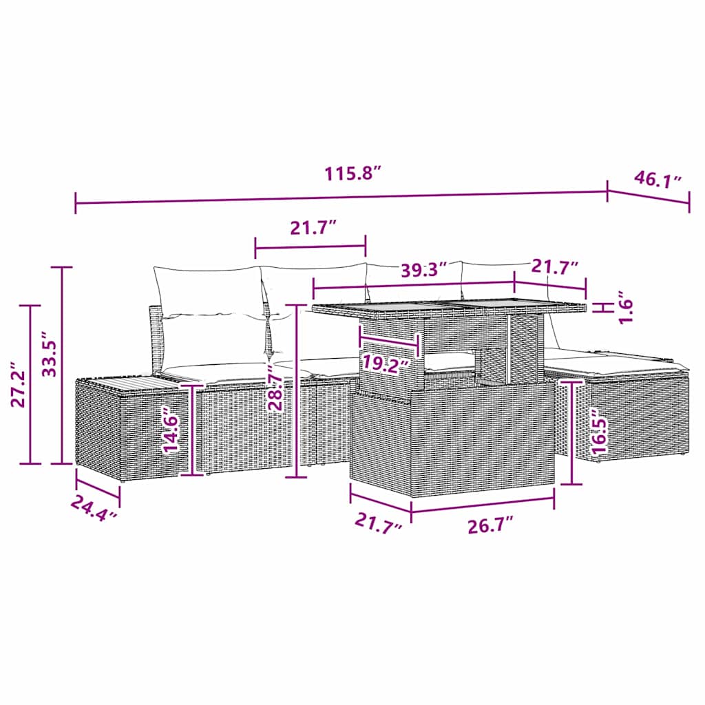 vidaXL Σετ Τραπεζαρίας Κήπου 6 Τεμαχίων με Μαξιλάρια Μαύρο Πολυ Ρατάν Ακακίας