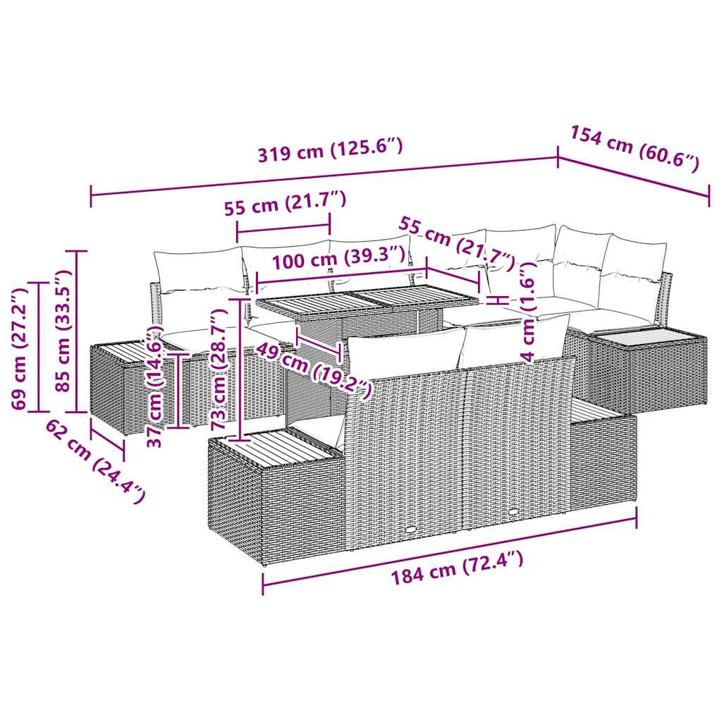 vidaXL σετ κήπου 9 τεμαχίων με μαξιλάρια Μπεζ Πολυ Ράταn Ακακία
