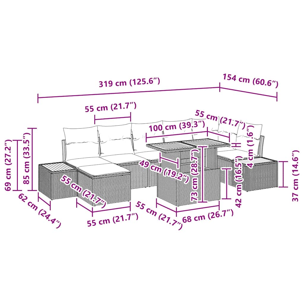 vidaXL Σετ Τραπεζαρίας Κήπου 8 τεμαχίων με Μαξιλάρια Μαύρο Πολυ Ρατάν Ακακία