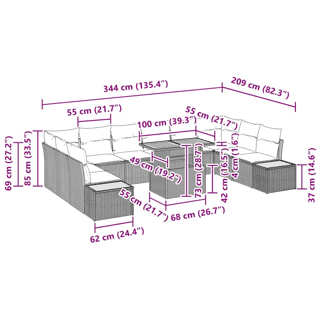vidaXL 11 τμχ σετ τραπεζαρίας κήπου με μαξιλάρια Μαύρο Πολυ Ράταν