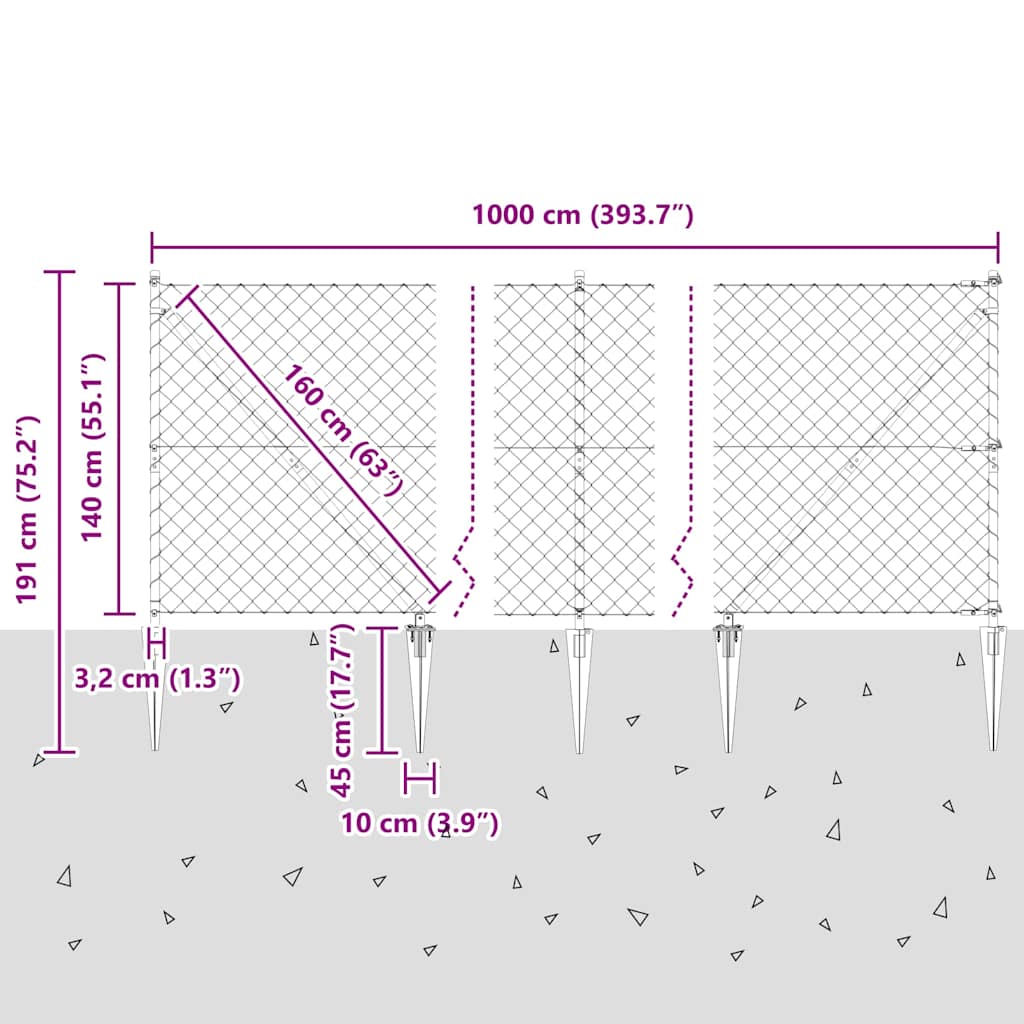 vidaXL Φράχτης από αλυσίδα με στήλες Ασημί 1.4 x 10 m Ατσάλι