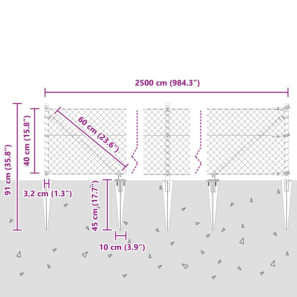 vidaXL Φράχτης από αλυσίδα με στήλες Ασημί 0.4 x 25 μ Ατσάλι