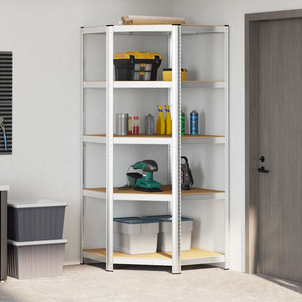 vidaXL Γωνιακό ράφι με ράφι Ασημί 90 x 90 x 198 cm Επεξεργασμένο Ξύλο