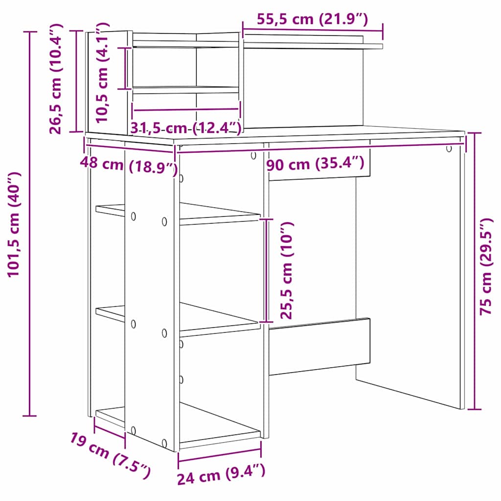 vidaXL Γραφείο με Αποθήκευση με ράφι artisan δρυς 90 x 48 x 101.5 εκ.
