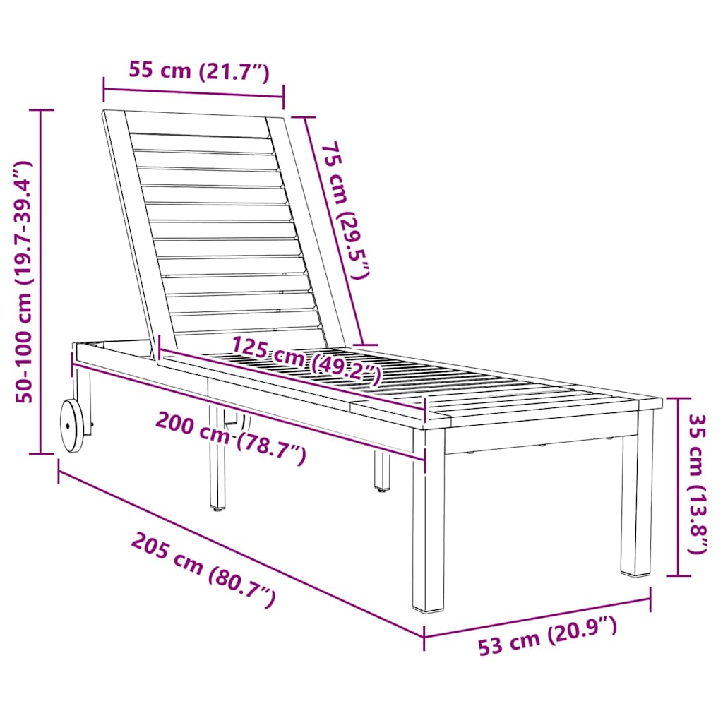vidaXL Ξαπλώστρα με Ρόδες 207x58x35 εκ Μασίφ Ξύλο Ακακίας & Ανοξείδωτο Ατσάλι