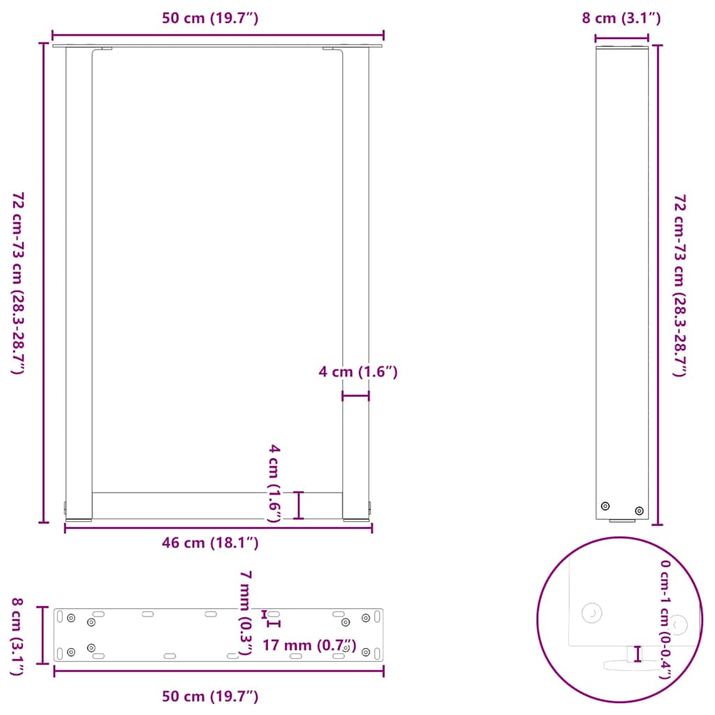 vidaXL Πόδια Τραπεζαρίας σε Σχήμα U 2 τεμ. Μαύρο 50x(72-73) εκ. Ατσάλι