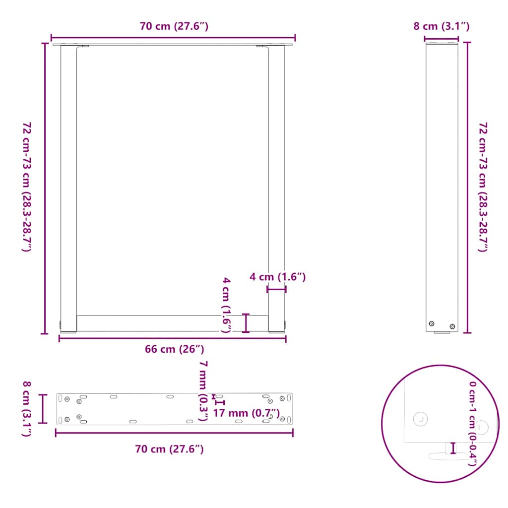 vidaXL Πόδια Τραπεζαρίας σε Σχήμα U 2 τεμ. Λευκά 70x(72-73) εκ. Ατσάλι