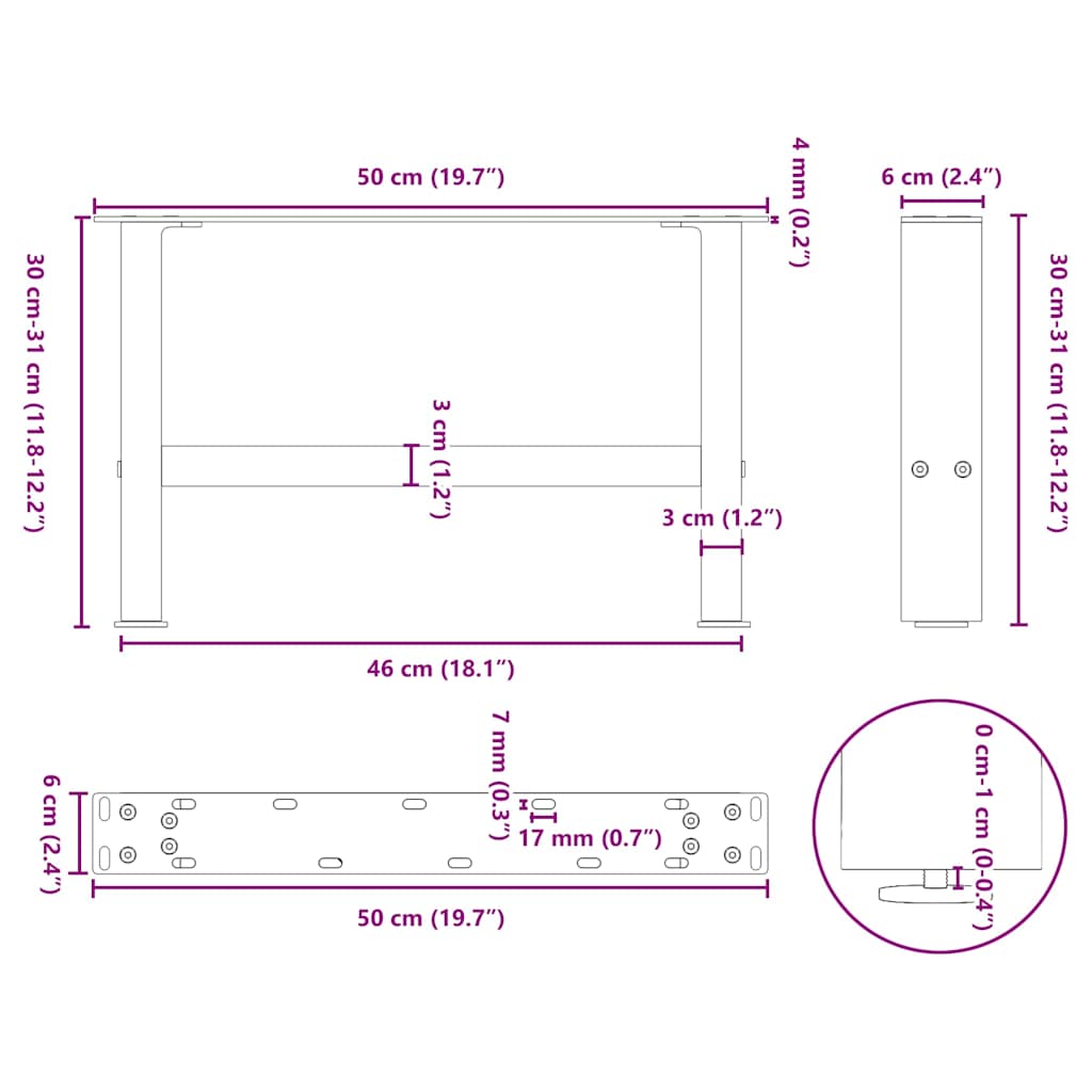 vidaXL Πόδια Τραπεζιού Σαλονιού 2 τεμ. Μαύρα 50x(30-31) εκ. Ατσάλι