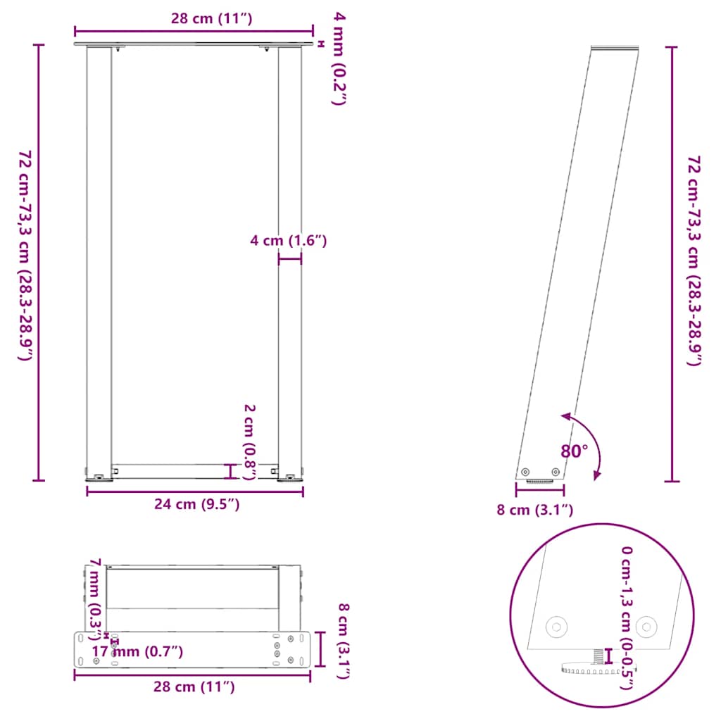 vidaXL Πόδια Κονσόλας σε Σχήμα U 2 τεμ. Λευκά 28x(72-73) εκ. Ατσάλι