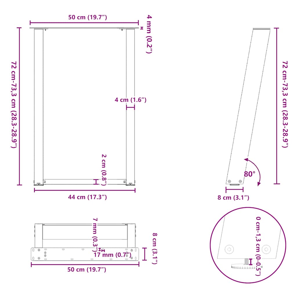 vidaXL Πόδια Τραπεζαρίας σε Σχήμα U 2 τεμ. Μαύρο 50x(72-73) εκ. Ατσάλι
