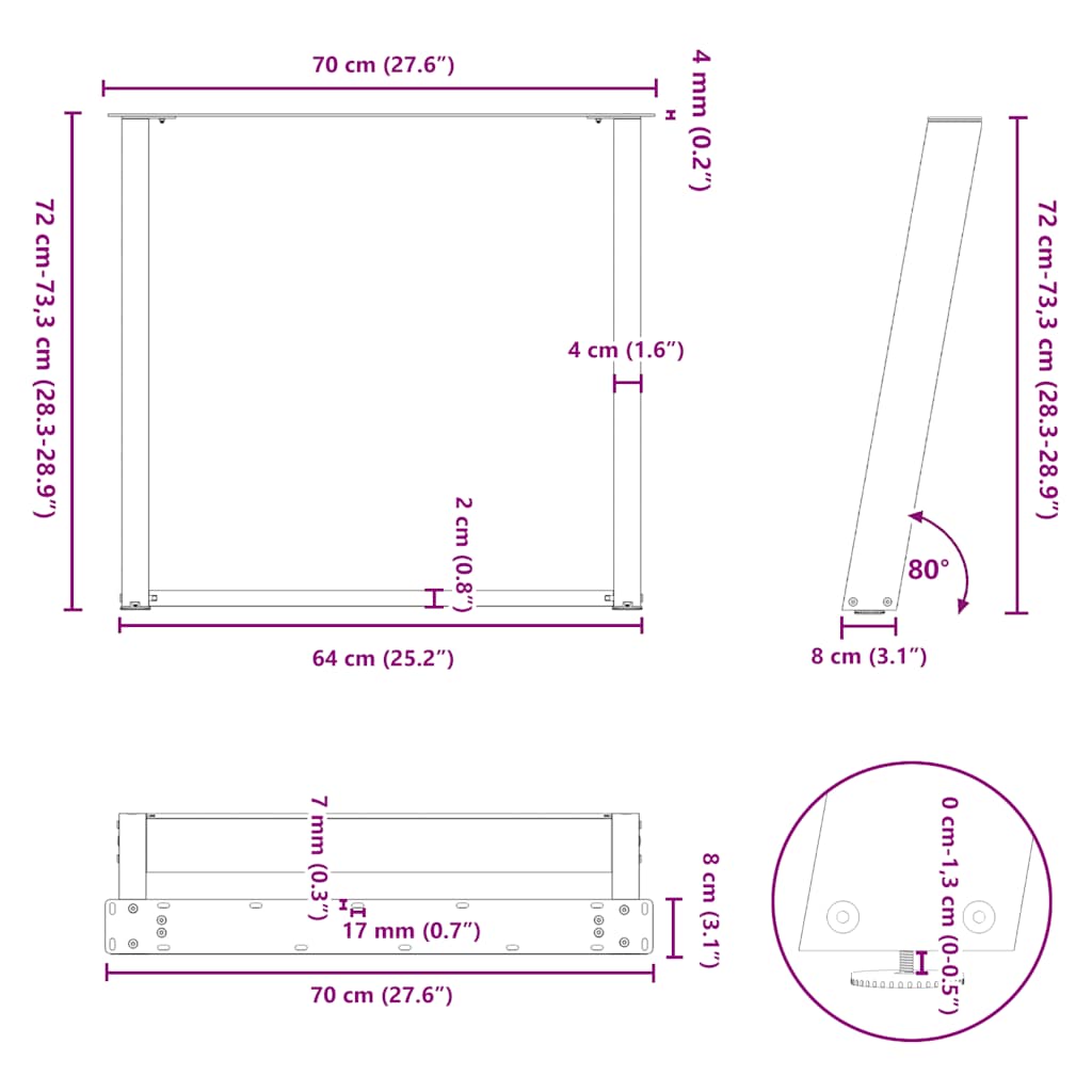 vidaXL Πόδια Τραπεζαρίας σε Σχήμα U 2 τεμ. Ανθρακί 70x(72-73) εκ. Ατσάλι