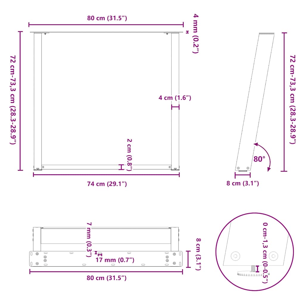vidaXL Πόδια Τραπεζαρίας σε Σχήμα U 2 τεμ. Λευκά 80x(72-73) εκ. Ατσάλι