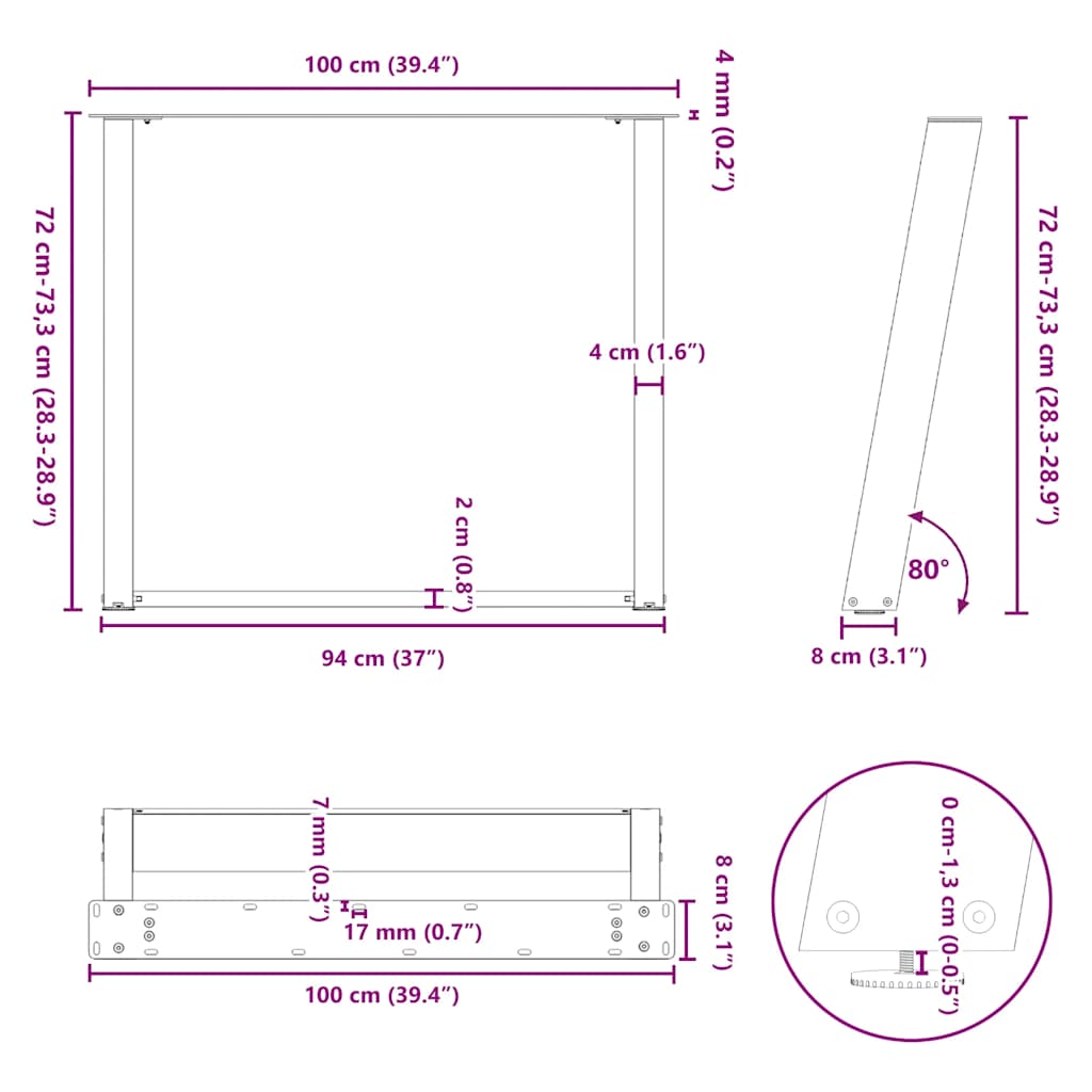 vidaXL Πόδια Τραπεζαρίας σε Σχήμα U 2 τεμ. Λευκά 100x(72-73) εκ. Ατσάλι