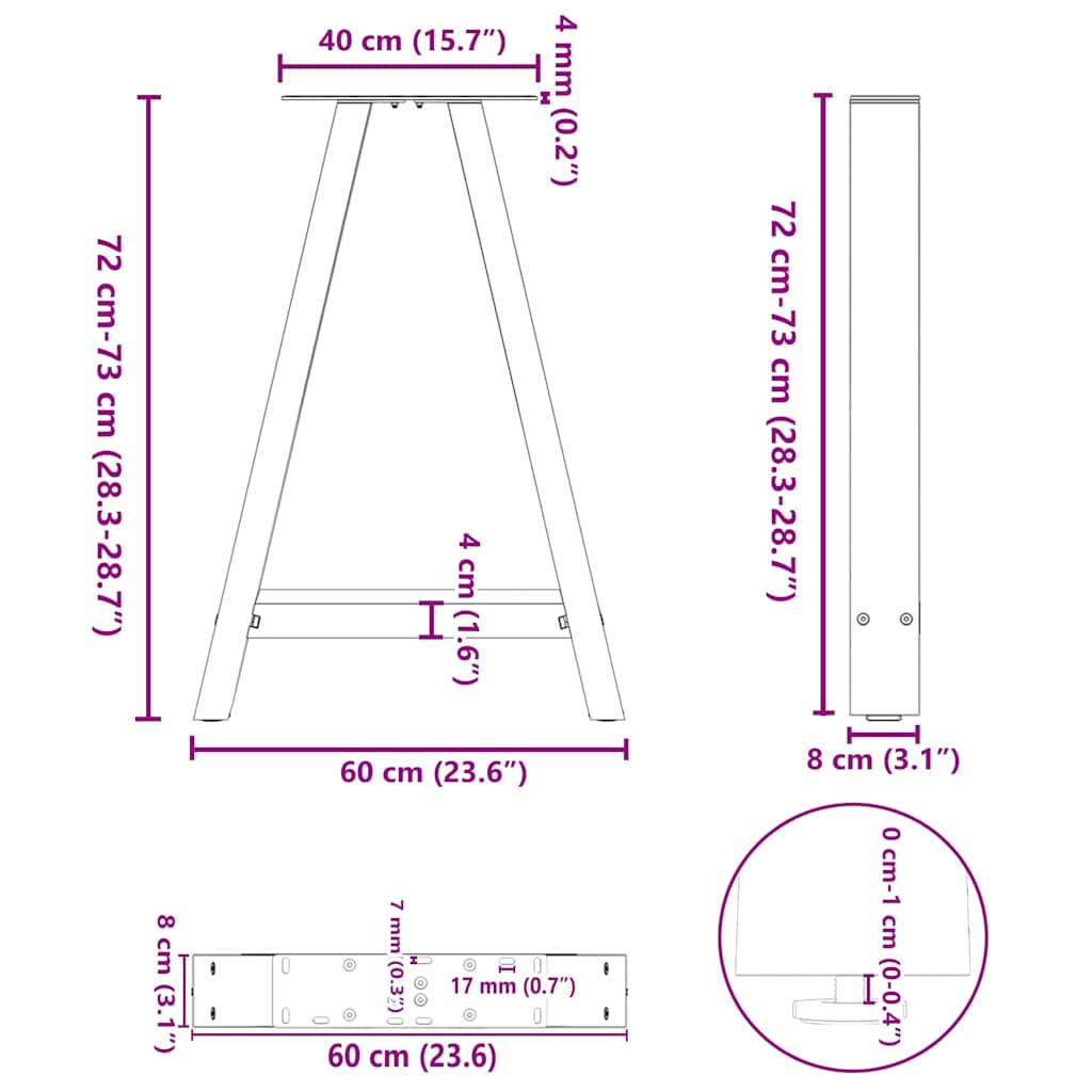 vidaXL Πόδια Τραπεζαρίας Σχήματος Α 2 τεμ. Μαύρο 60x(72-73) εκ. Ατσάλι