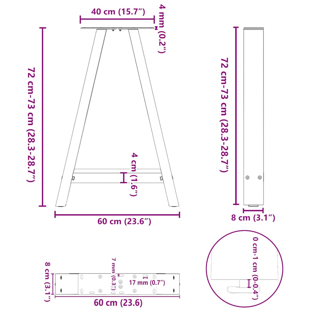 vidaXL Πόδια Τραπεζαρίας Σχήματος Α 2 τεμ. 60x(72-73) εκ. Ατσάλι