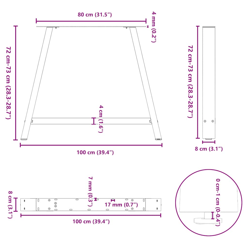 vidaXL Πόδια Τραπεζαρίας Σχήματος Α 2 τεμ. Μαύρο 100x(72-73) εκ. Ατσάλι