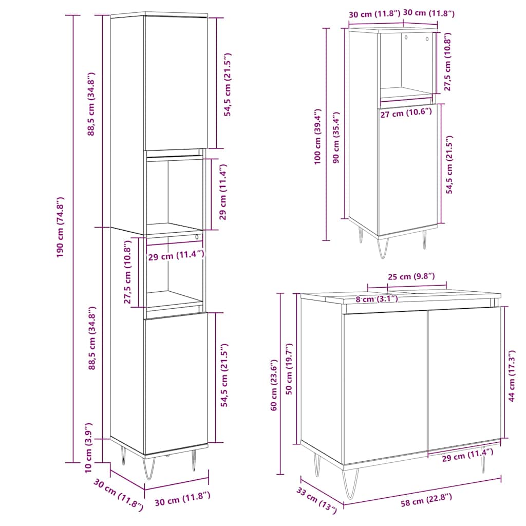 vidaXL Σετ Επίπλων Μπάνιου 3 Τεμαχίων Sonoma Δρυς Επεξεργασμένο Ξύλο