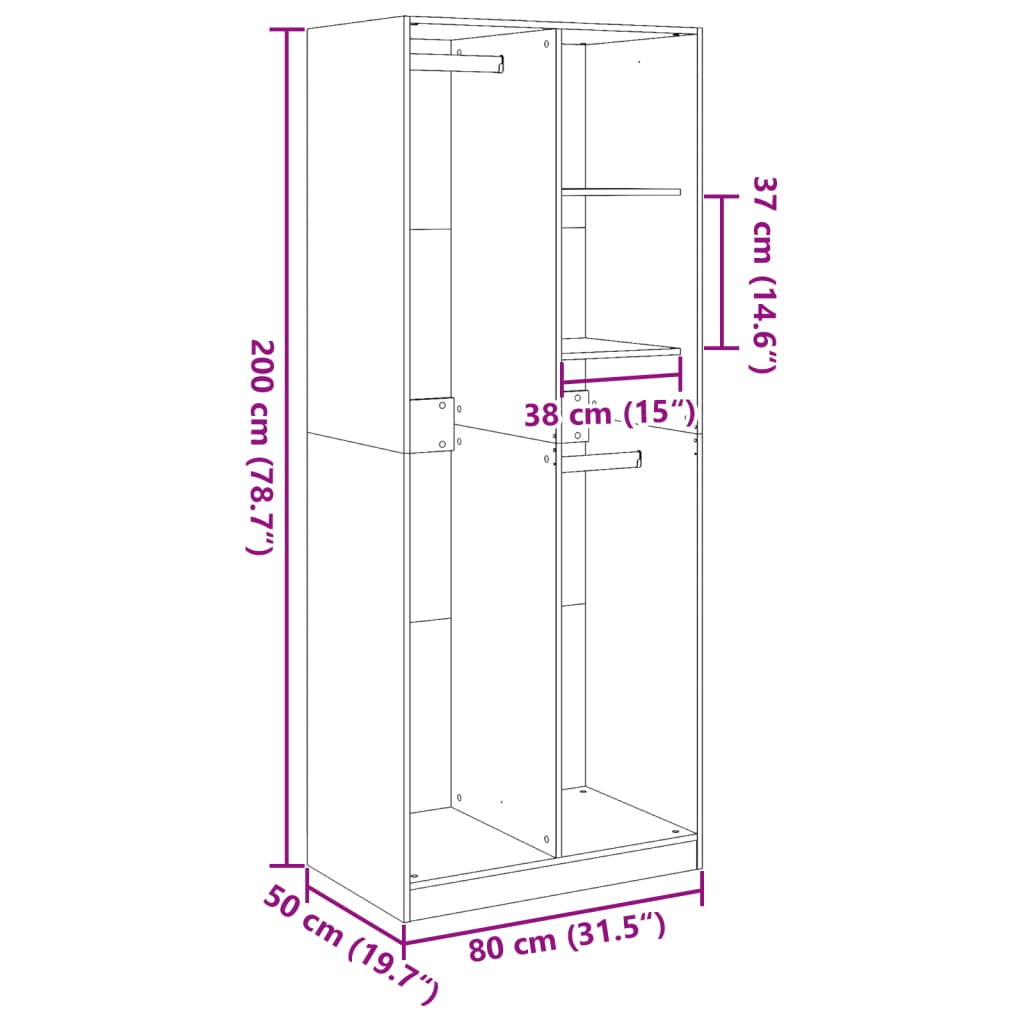 vidaXL Ντουλάπα Αρτισιανή Δρυς 80x50x200εκ από Επεξεργασμένο Ξύλο