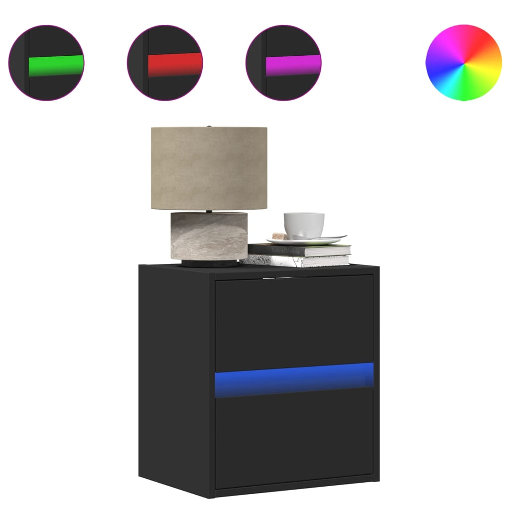 vidaXL Κομοδίνα Επιτοίχια με Φώτα LED 2 τεμ. Μαύρα