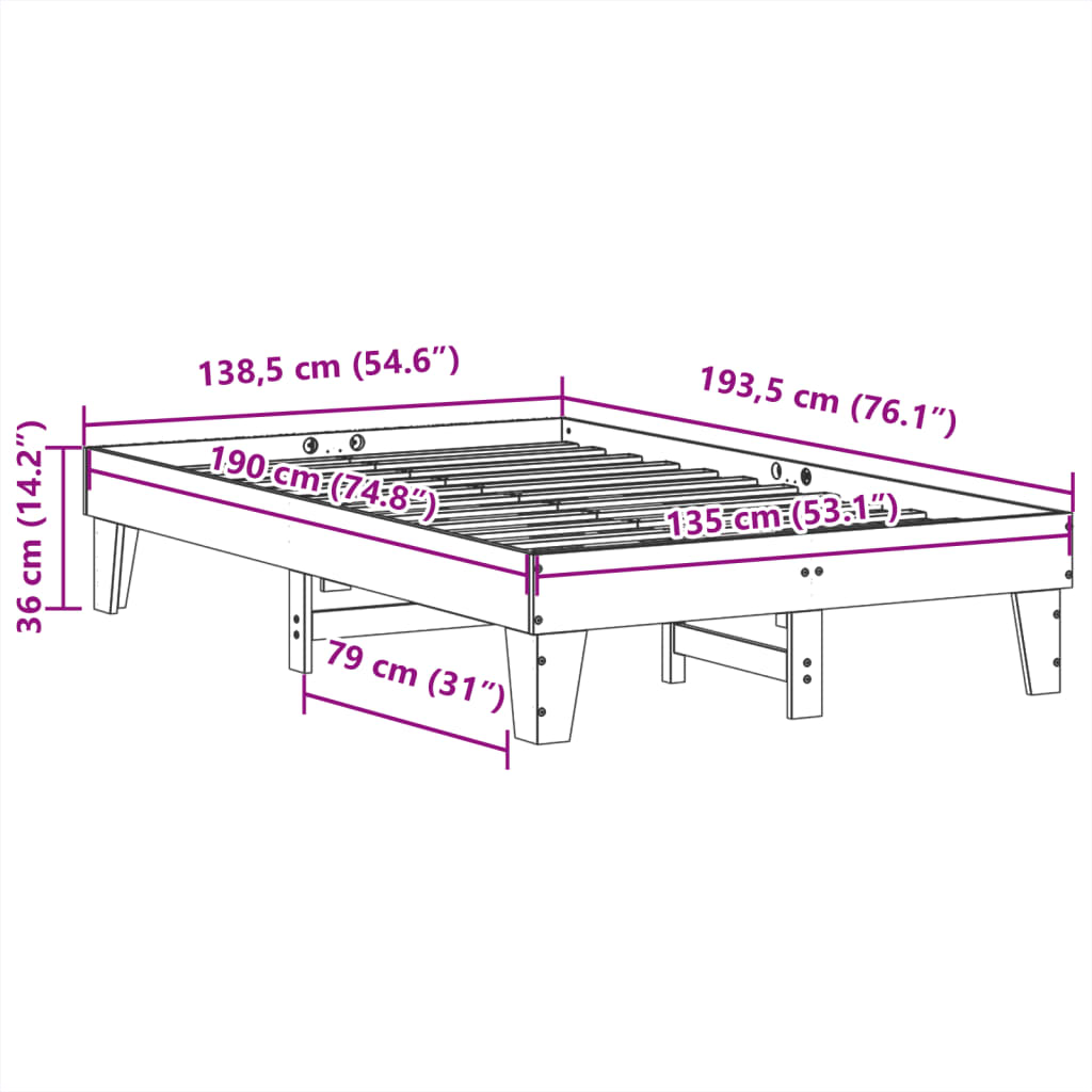 vidaXL Σκελετός Κρεβατιού Χωρίς Στρώμα 135x190 εκ Μασίφ Ξύλο Πεύκου