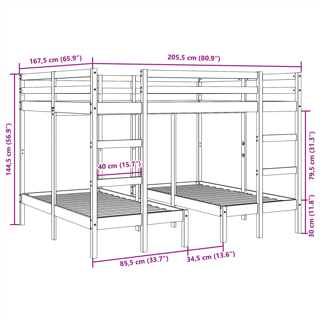 vidaXL Σκελετός Τριπλής Κουκέτας 160x200/80x160 εκ. Μασίφ Πεύκο