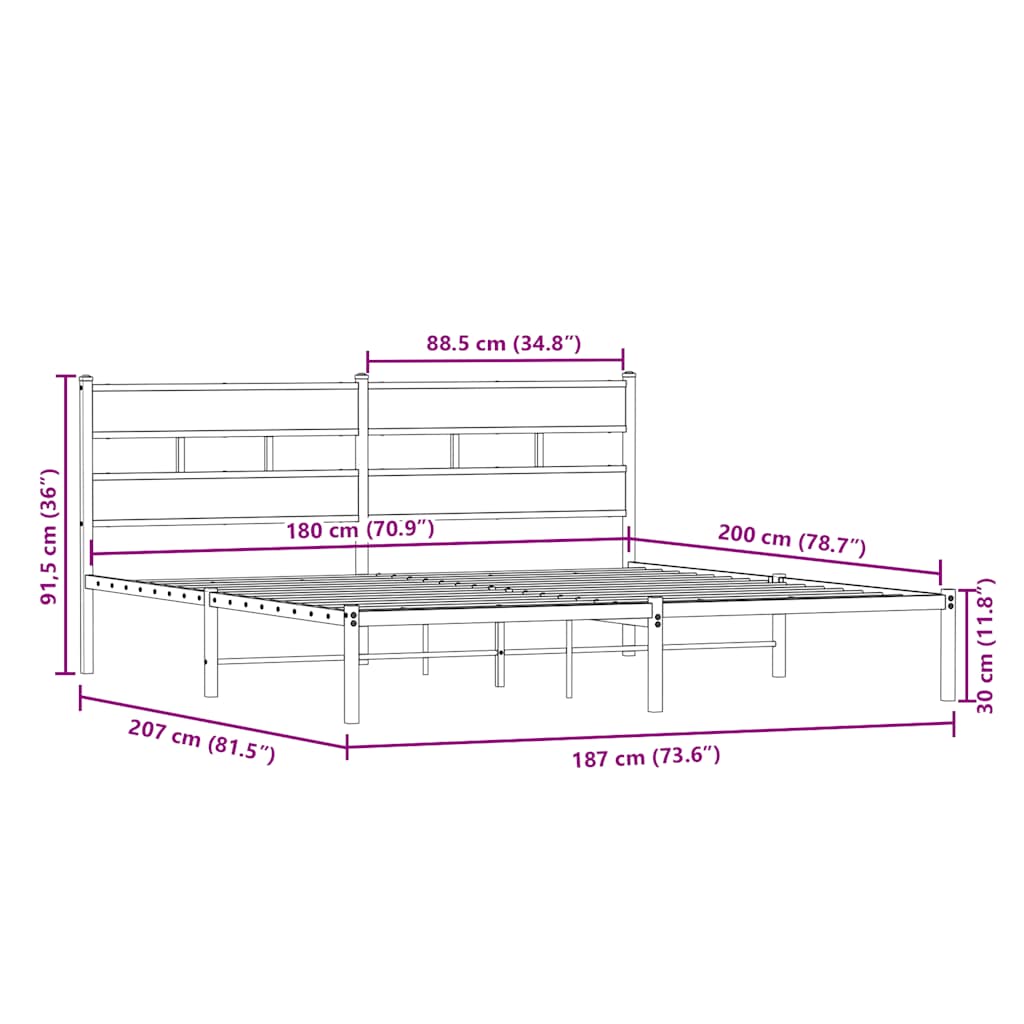 vidaXL Σκελετός Κρεβ. Χωρίς Στρώμα Sonoma Δρυς 180x200 εκ. Μεταλλικό