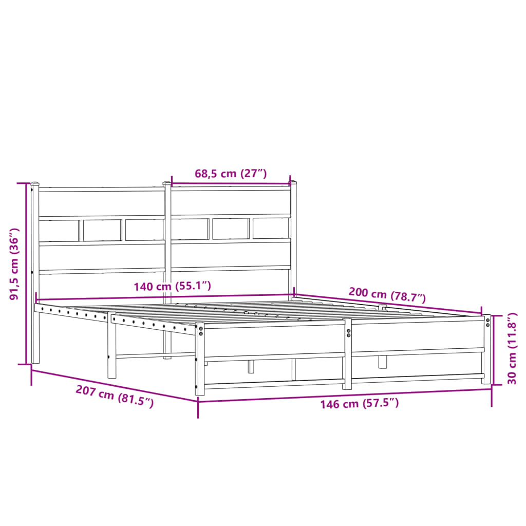 vidaXL Σκελετός Κρεβ. Χωρίς Στρώμα Sonoma Δρυς 140x200 εκ. Μεταλλικό