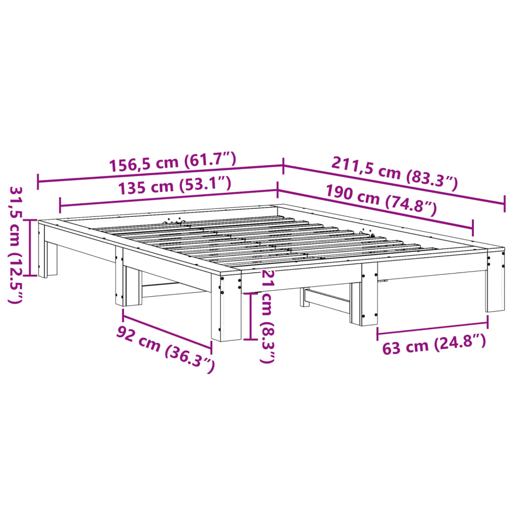 vidaXL Σκελετός Κρεβ. Χωρίς Στρώμα Καφέ Κεριού 135x190 εκ Μασίφ Πεύκο