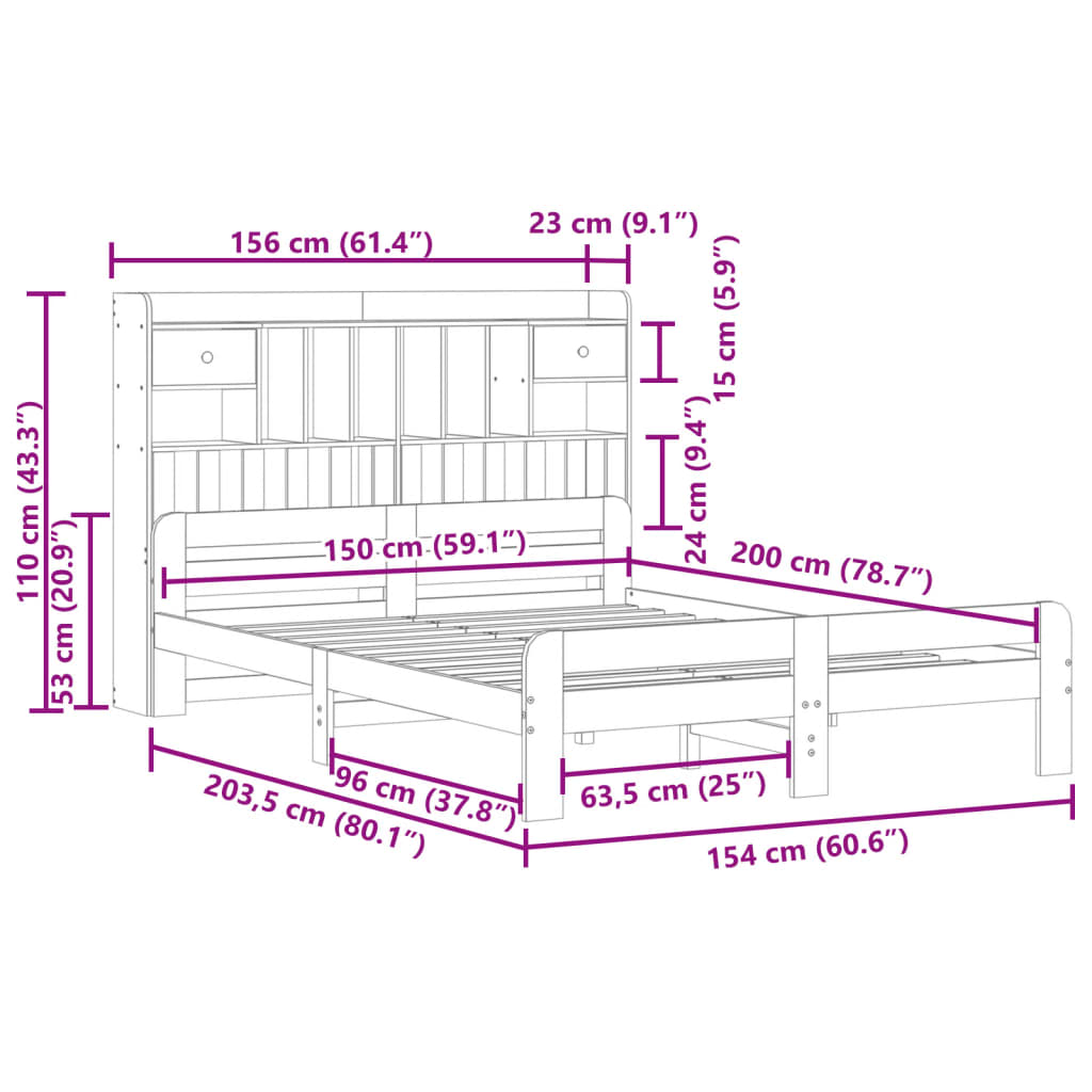 vidaXL Κρεβάτι Βιβλιοθήκη Χωρίς Στρώμα 150x200 εκ Μασίφ Ξύλο Πεύκου