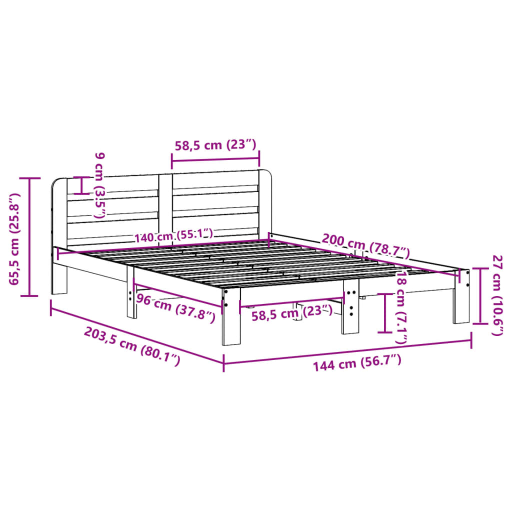 vidaXL Σκελετός Κρεβατιού Χωρίς Στρώμα Καφέ 140x200 Μασίφ Ξύλο Πεύκου