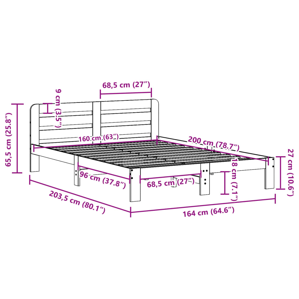 vidaXL Σκελετός Κρεβατιού Χωρίς Στρώμα 160x200 εκ Μασίφ Ξύλο Πεύκου