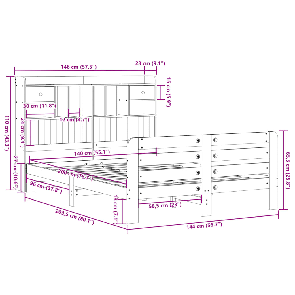 vidaXL Κρεβάτι Βιβλιοθήκη Χωρίς Στρώμα 140x200 εκ Μασίφ Ξύλο Πεύκο