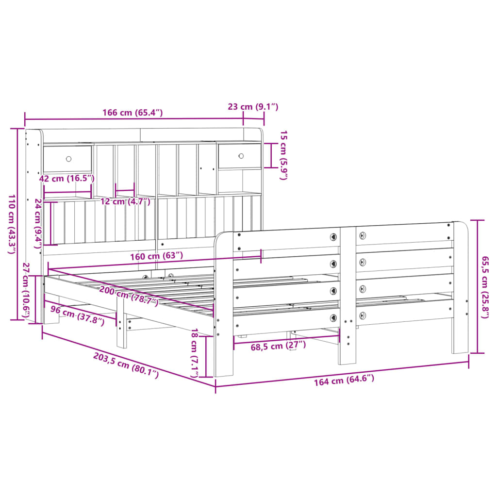vidaXL Κρεβάτι Βιβλιοθήκη Χωρίς Στρώμα 160x200 εκ Μασίφ Ξύλο Πεύκου