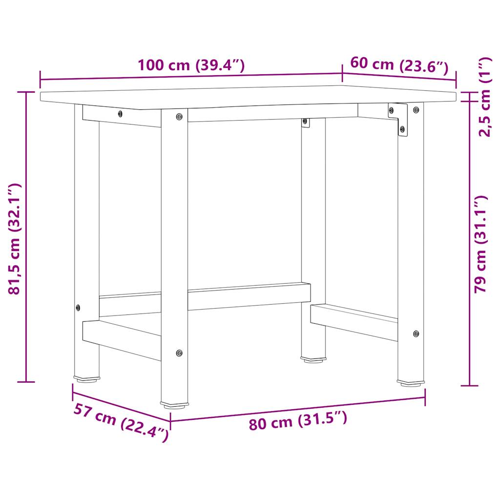VidaXL Πάγκος Εργασίας 100x60x81,5 cm Μασίφ Ξύλο Δρυς