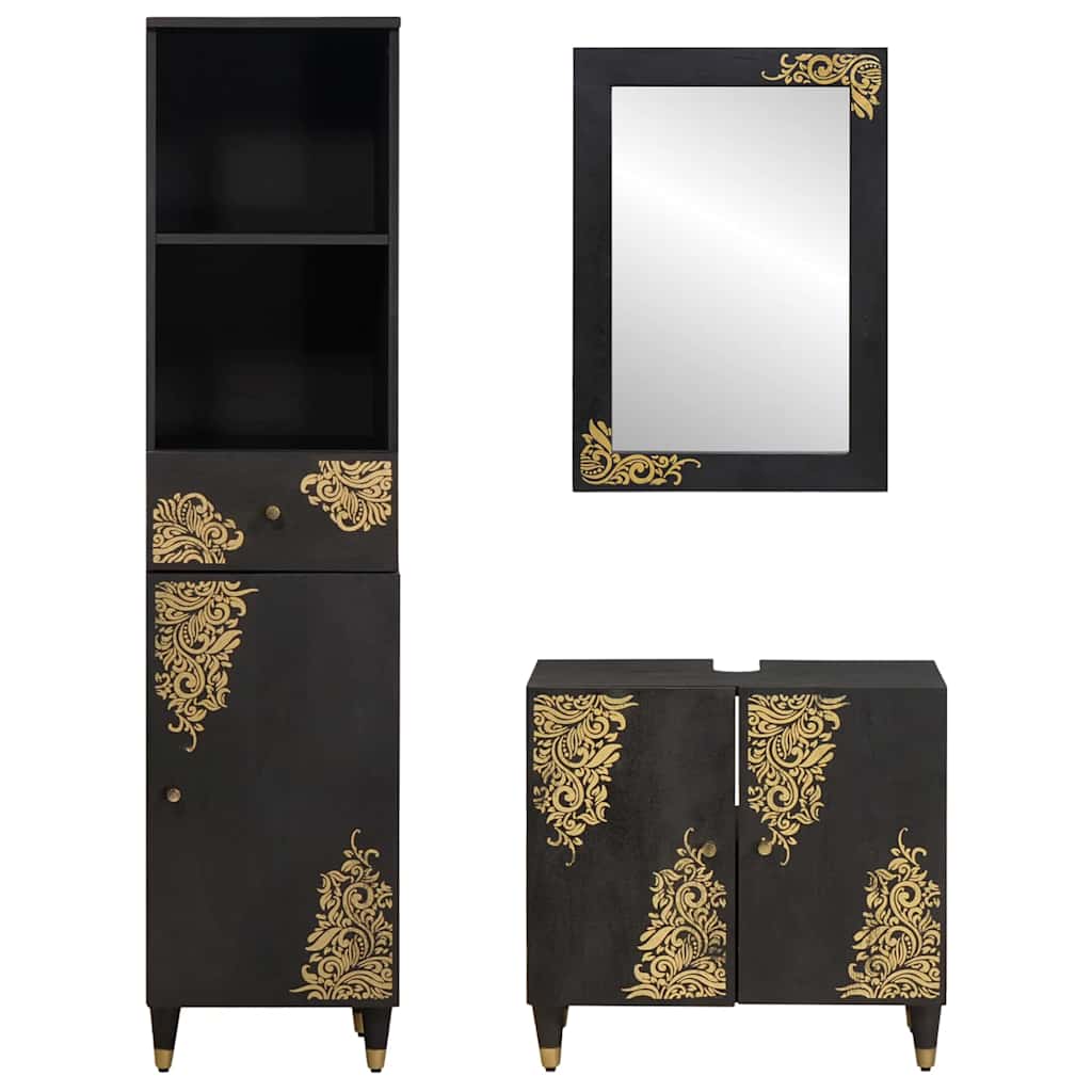 vidaXL Σετ Ντουλαπιών Μπάνιου Επιτοίχιο 3 pcs Μαύρο Στερεό ξύλο μάνγκο