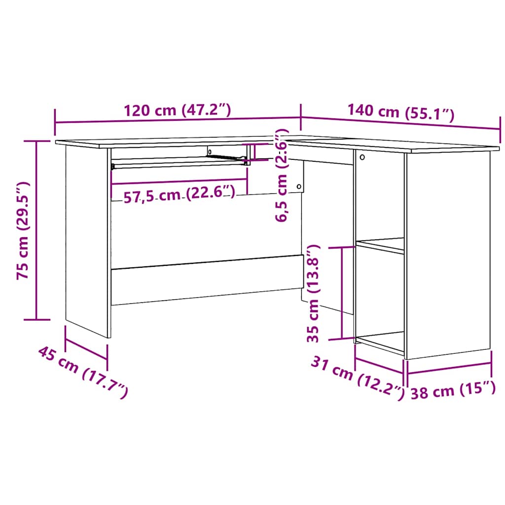 vidaXL Γραφείο Γωνιακό Τεχνίτης Δρυς 120x140x75 εκ Επεξεργασμένο Ξύλο