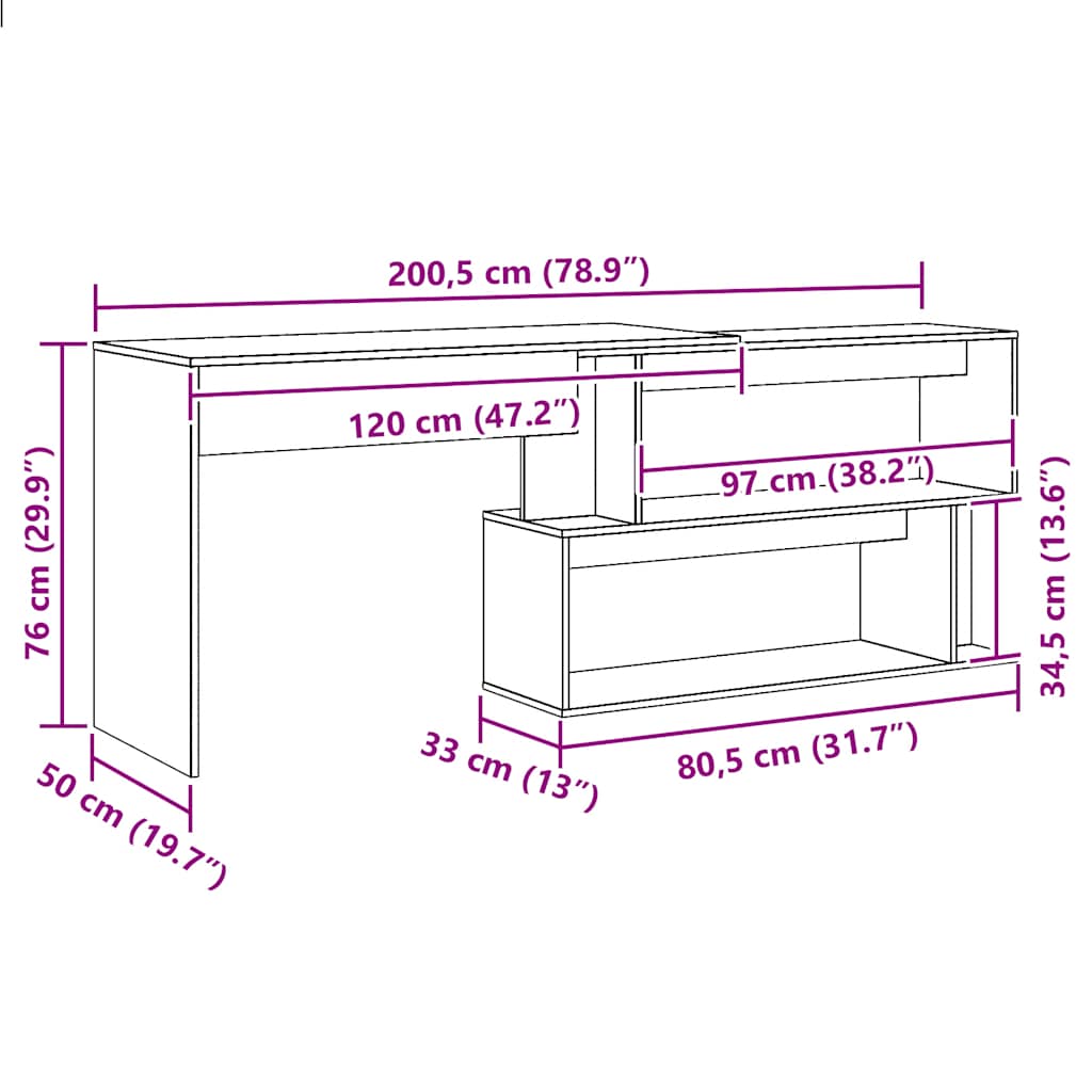 vidaXL Γραφείο Γωνιακό Τεχνίτης Δρυς 200,5x50x76 εκ Επεξεργασμένο Ξύλο