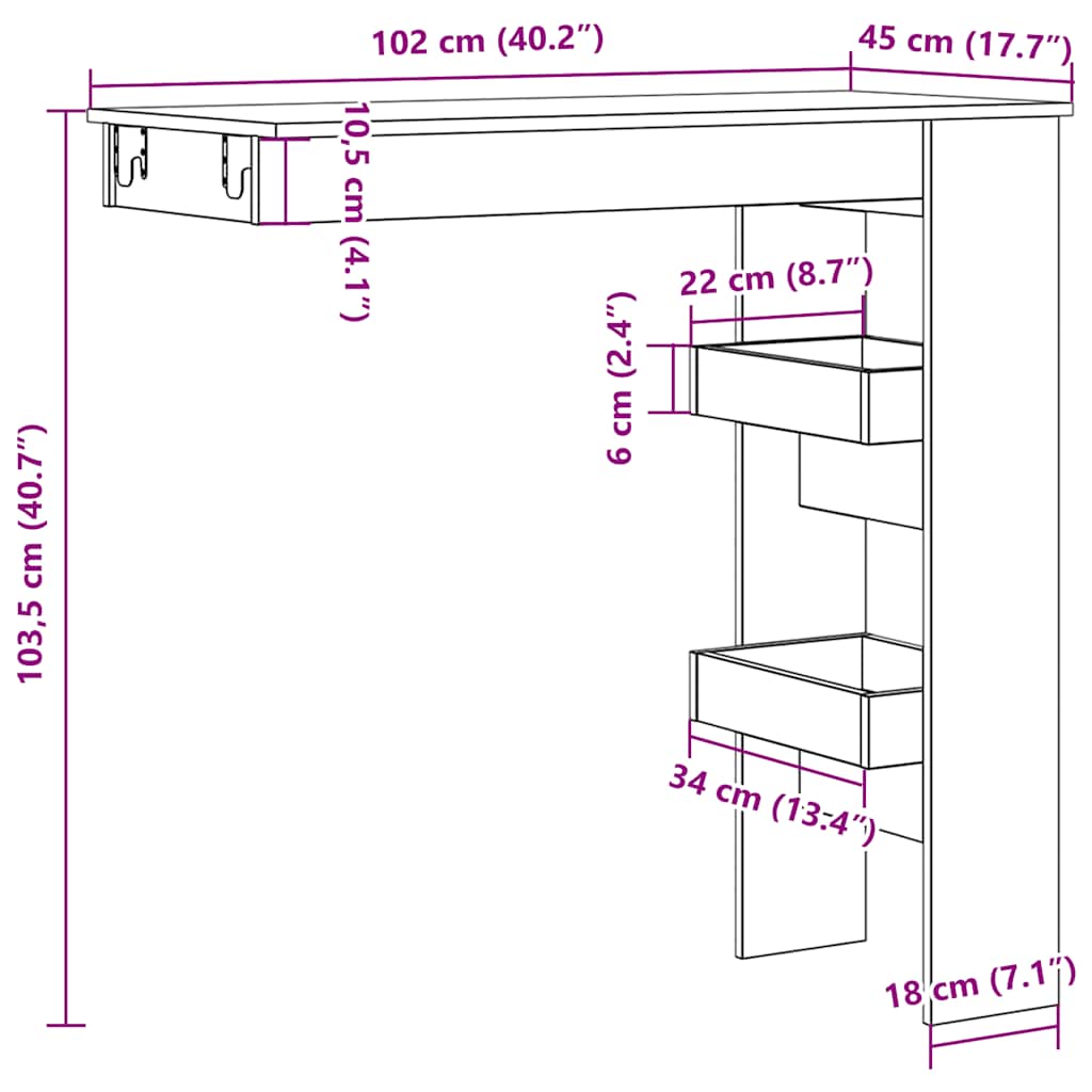 vidaXL Επιτοίχιος Μπαρ Τραπέζι Παλιό Ξύλο 102x45x103,5 cm