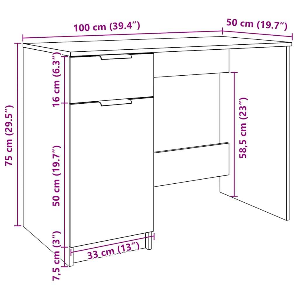 vidaXL Γραφείο Αρτισιανή Δρυς 100x50x75 εκ. από Επεξεργασμένο Ξύλο