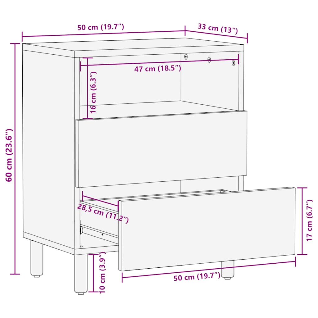 vidaXL Κομοδίνο καφέ 50x33x60 cm μασίφ ξύλο Mango