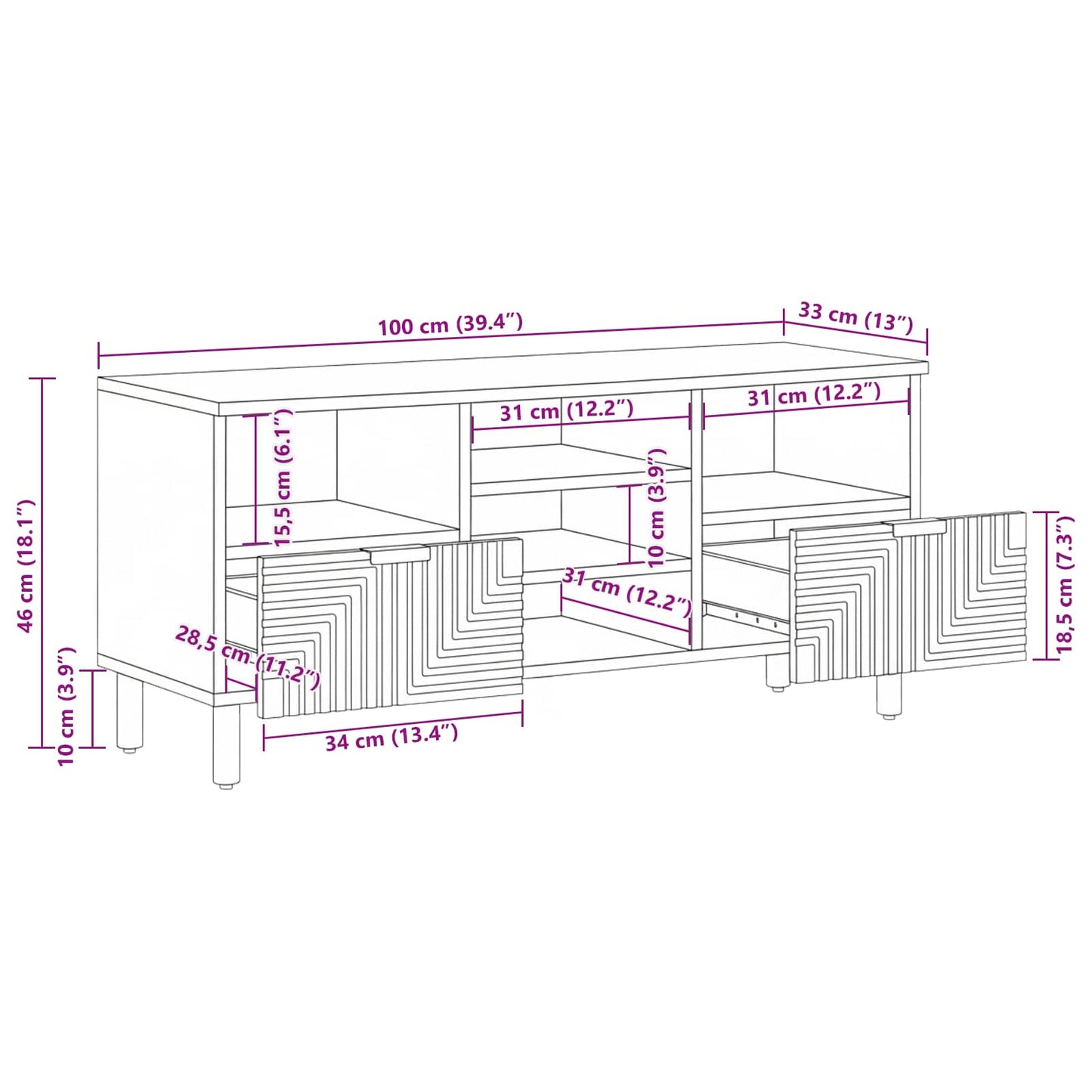vidaXL Ντουλάπι TV με ράφι Καφέ 100 x 33,5 x 46 εκ Στερεό ξύλο μάνγκο