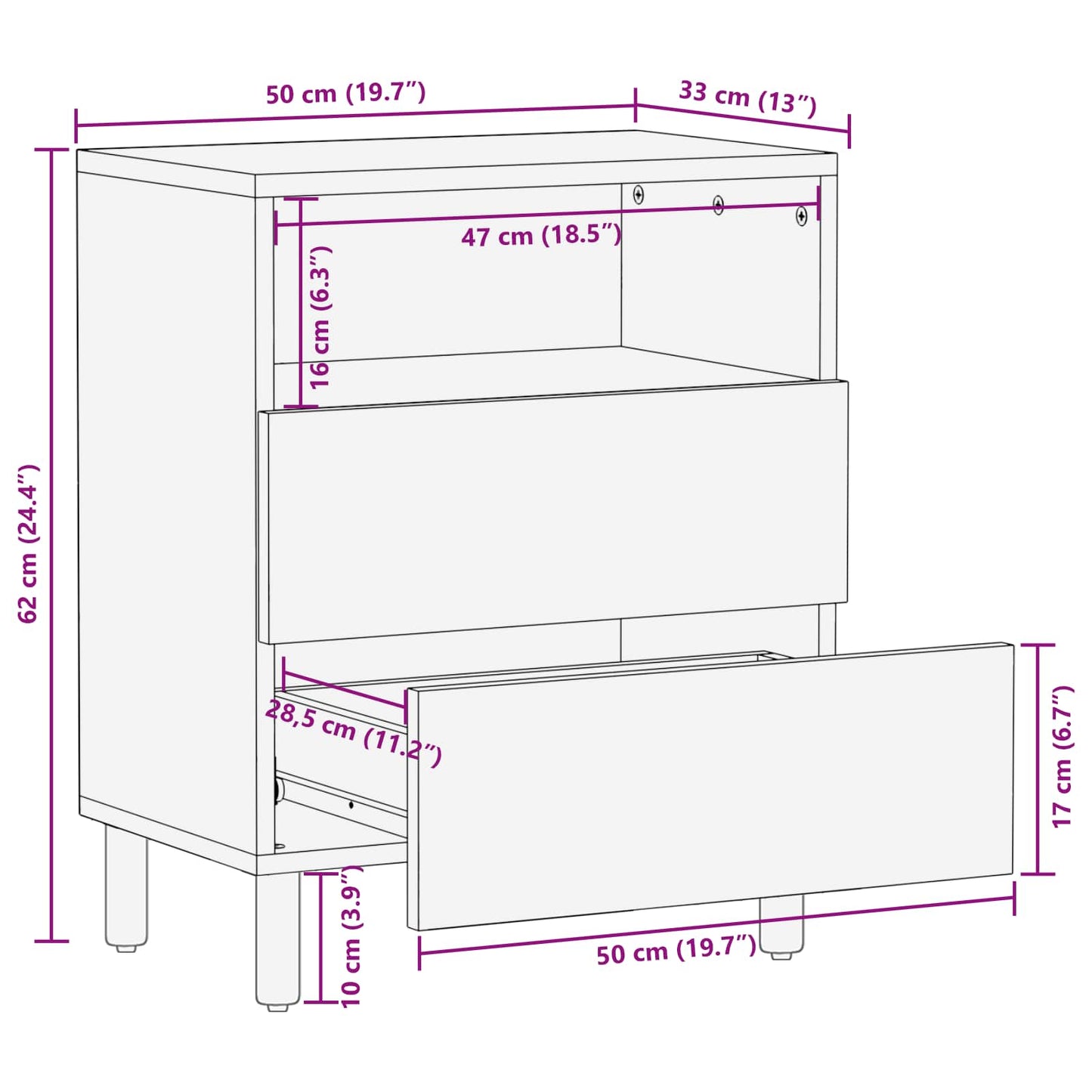 vidaXL Κομοδίνο με συρτάρι Λευκό 50 x 33 x 60 εκ Στερεό ξύλο μάνγκο