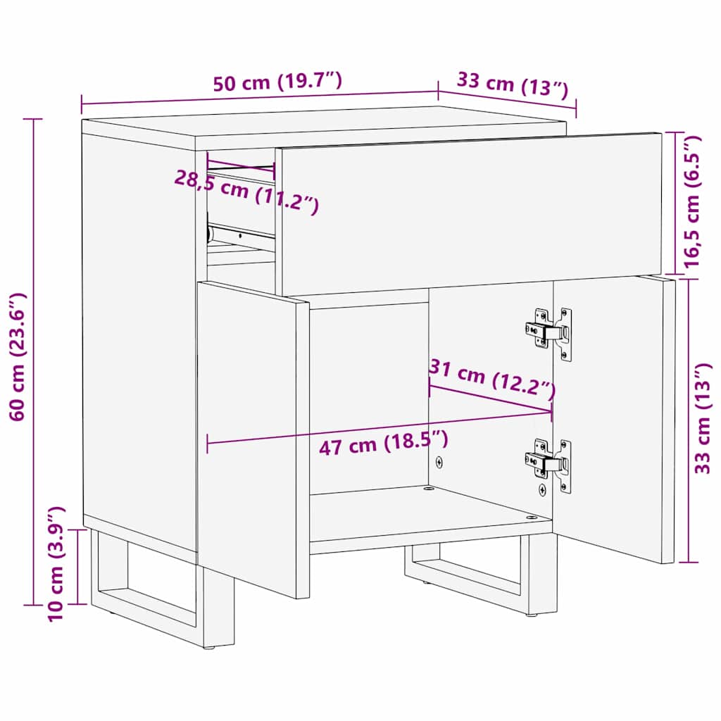 vidaXL Κομοδίνο με συρτάρι Καρυδιά 50 x 33 x 60 εκ Μασίφ ξύλο μάνγκο