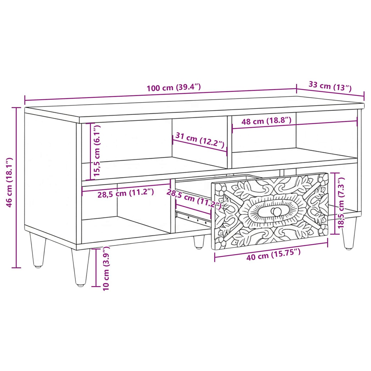 vidaXL Ντουλάπι TV με ράφι Καφέ 100 x 33,5 x 46 εκ Στερεό ξύλο μάνγκο