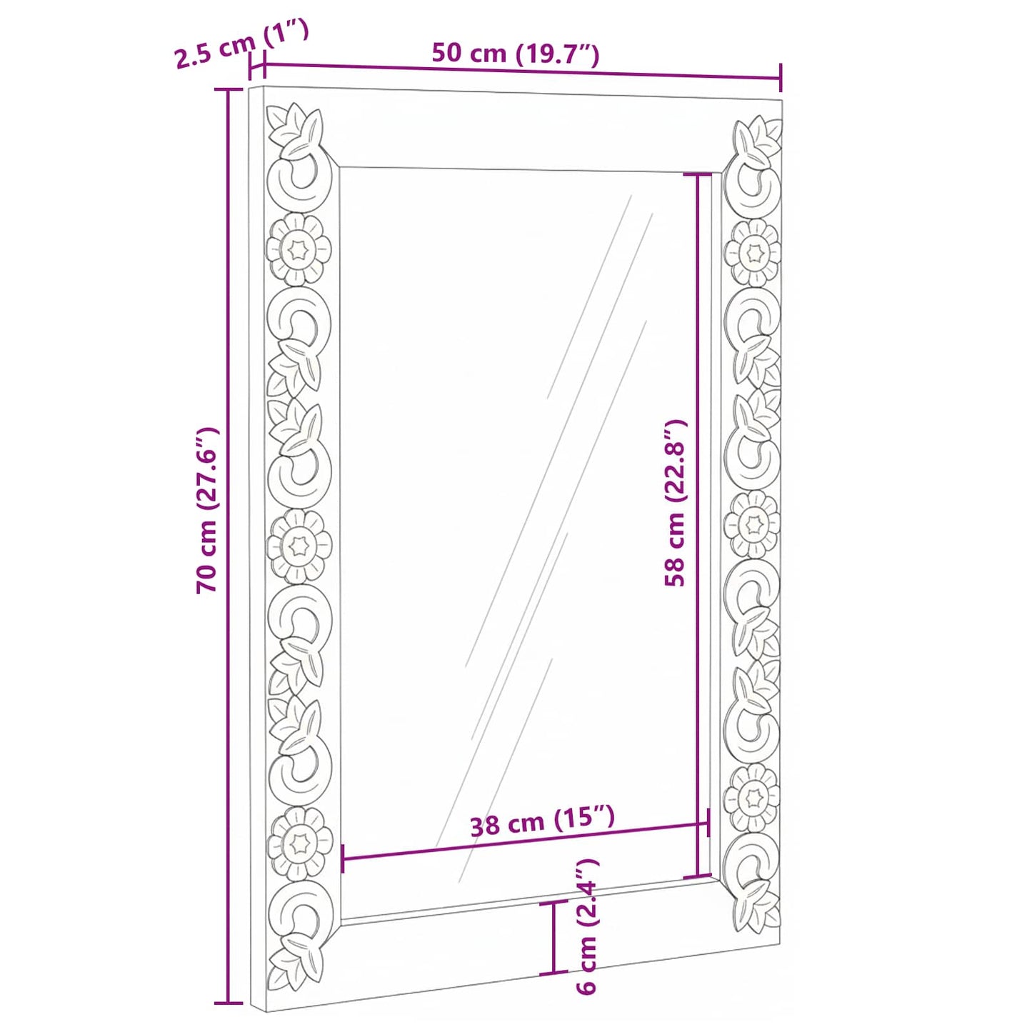 vidaXL Καθρέφτης τοίχου Ορθογώνιος Λευκό 70 x 50 cm Στερεό ξύλο μάνγκο