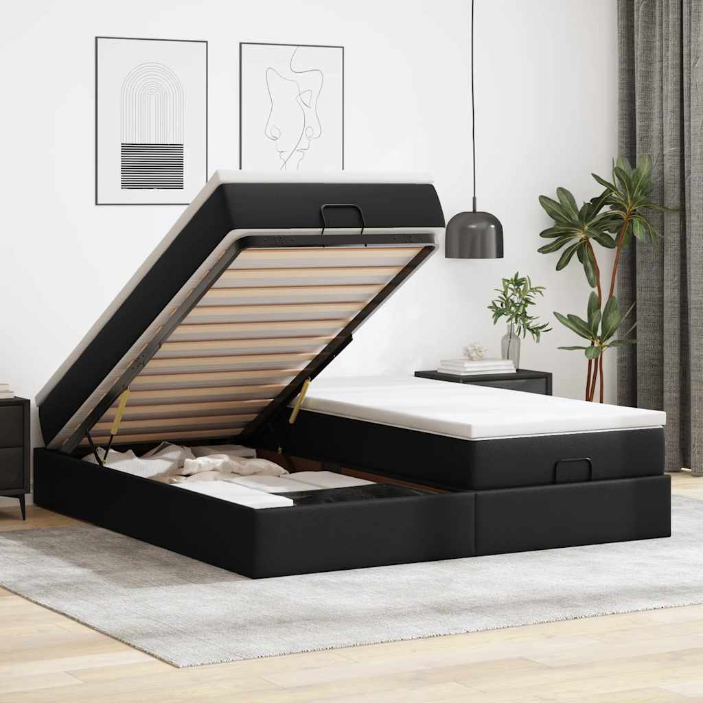 vidaXL Οθωμανικό κρεβάτι με στρώματα Μαύρο 180x200cm Faux Leather