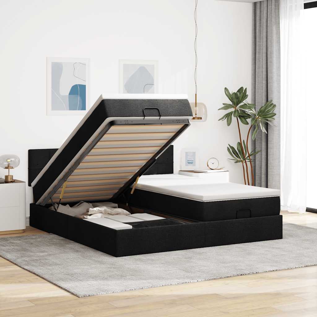 vidaXL Οθωμανικό Κρεβάτι με Στρώματα Μαύρο 200x200cm Ύφασμα